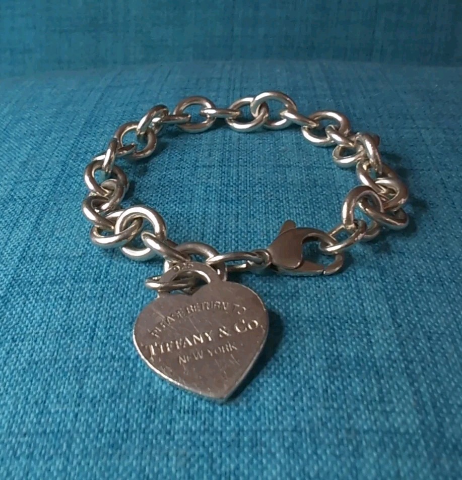 Please Return To Tiffany & Co Sterling Silver 925 Heart Tag Charm Bracelet 7.5