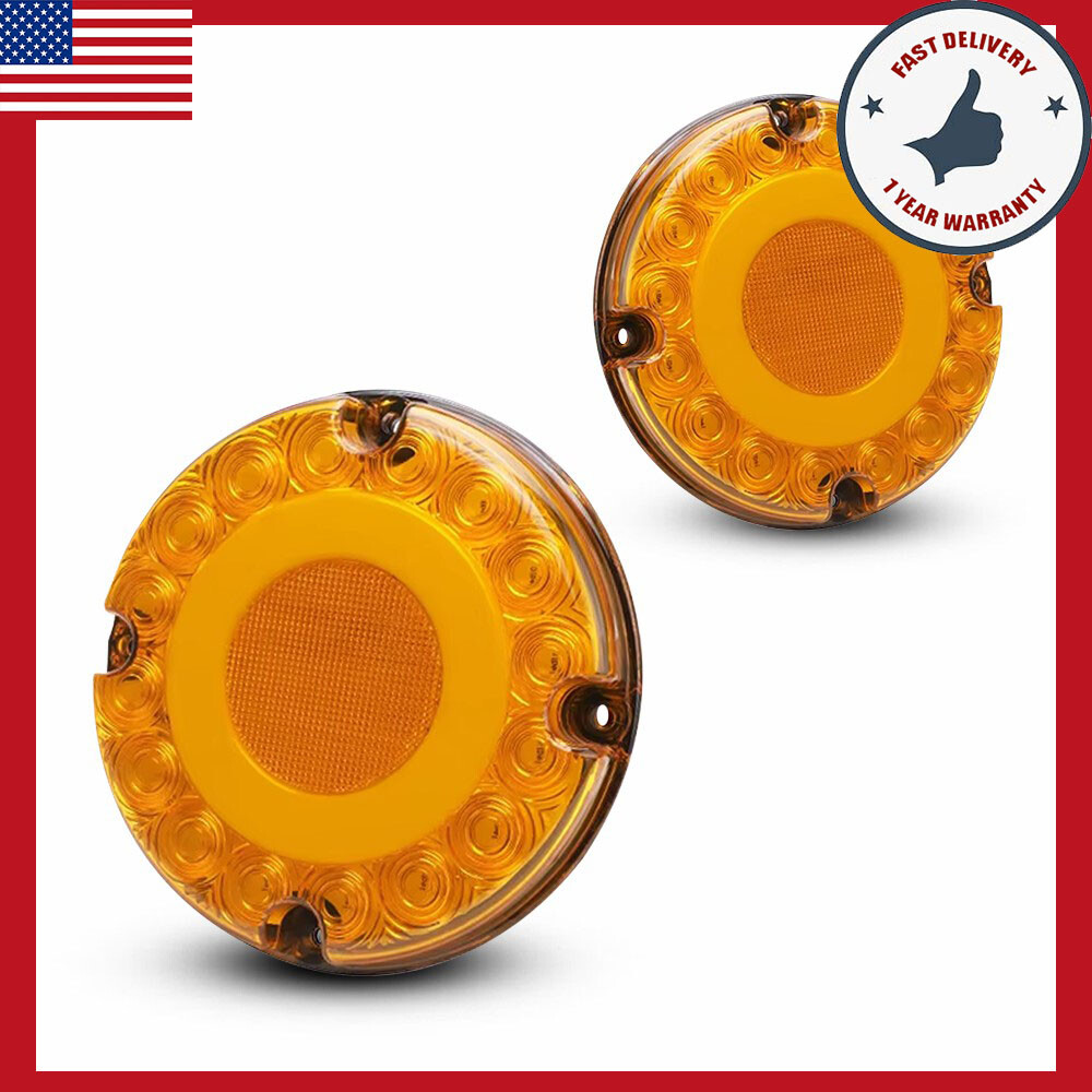 Round Yellow LED Tail Lights for Trucks, Trailers, and Buses - Pair with Brake, Stop, and Turn Signals - US Compatible