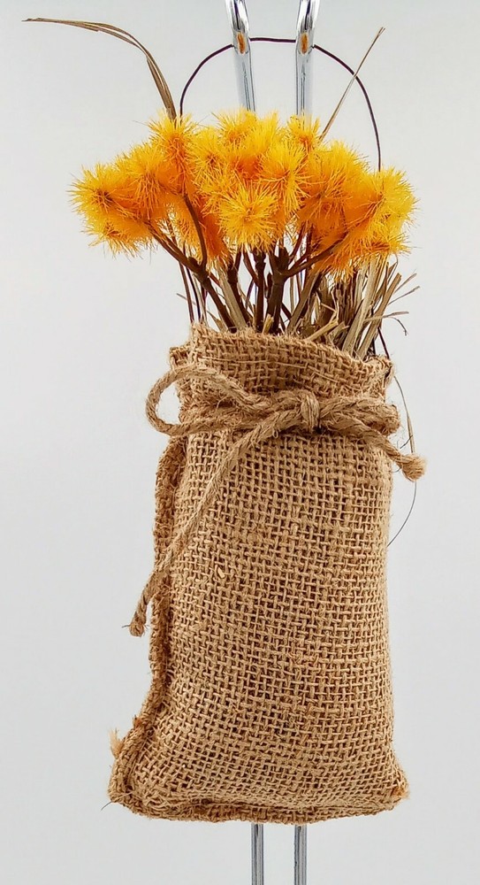 Handmade Burlap Bag with Dried Yellow Gold Flowers Wire Hanger Jute Bow 8