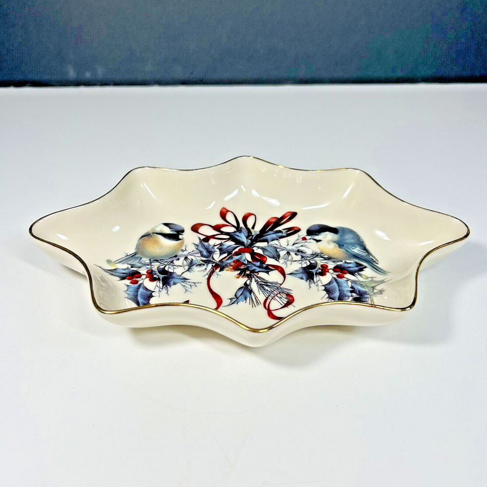 Lenox Winter Greetings With Birds Dish Holiday Candy Dish With Gold Trim
