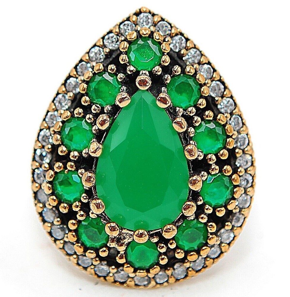 6CT H1 Treated Emerald Ottoman Empire Style 925 Sterling Silver Size 7 Ring