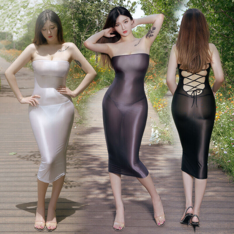 Women's Wet Look Satin Shaping Bodycon Long Skirt Buttocks Sheer Cocktail Dress