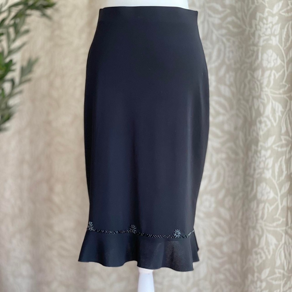 Qian Vi Black Beaded Midi Skirt with Ruffle Hem - Minimalist Romantic Stealth Wealth Style