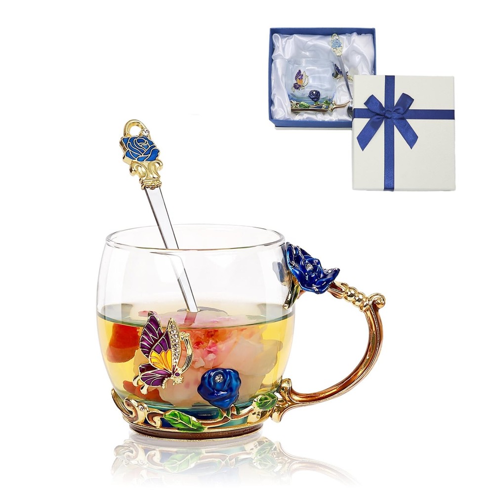 Butterfly Rose Clear Glass Flower Tea Cup with Spoon, Elegant Coffee Mug Gift