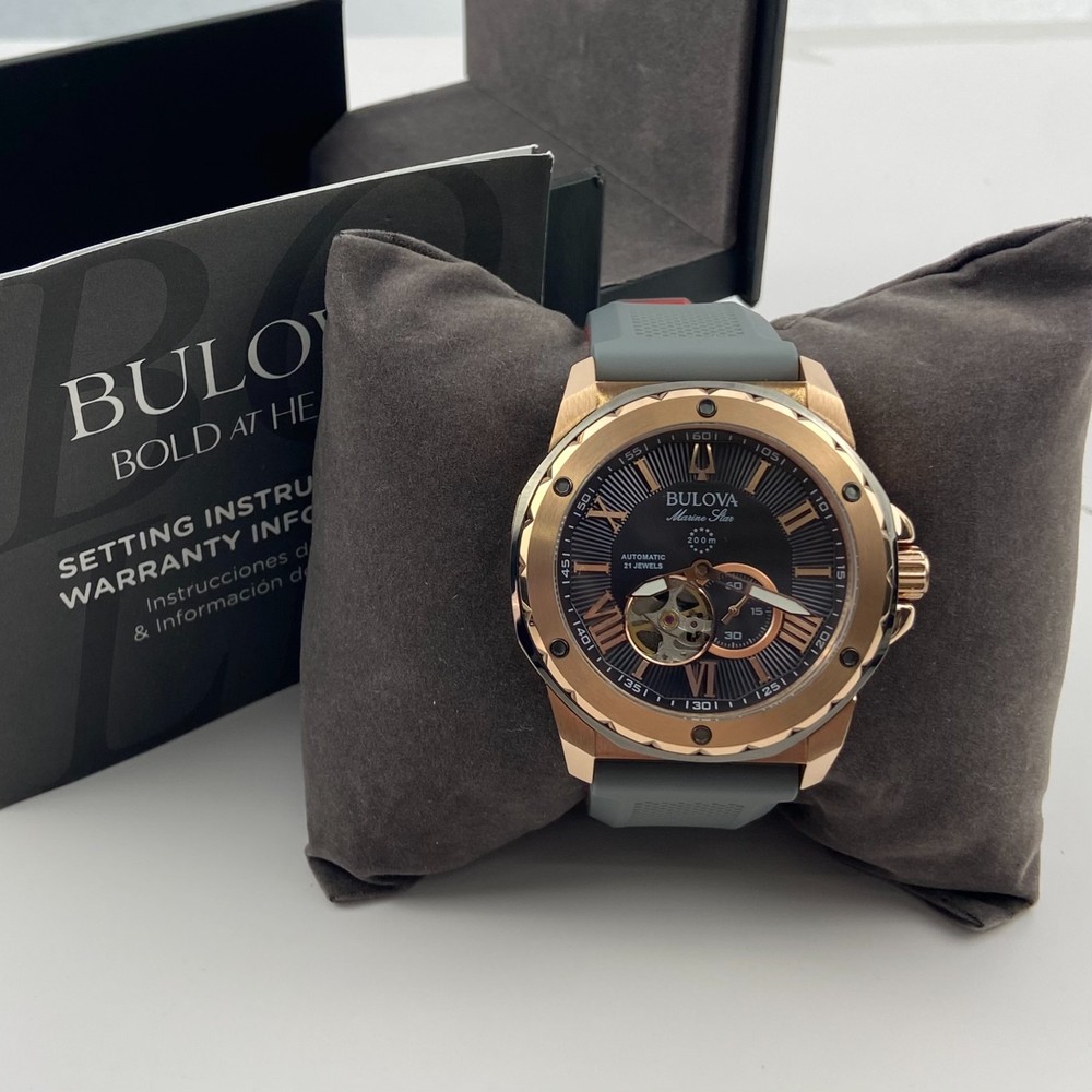 Bulova 98A228 Marine Star Grey Dial Grey Rubber Strap Men's Automatic Watch 45mm
