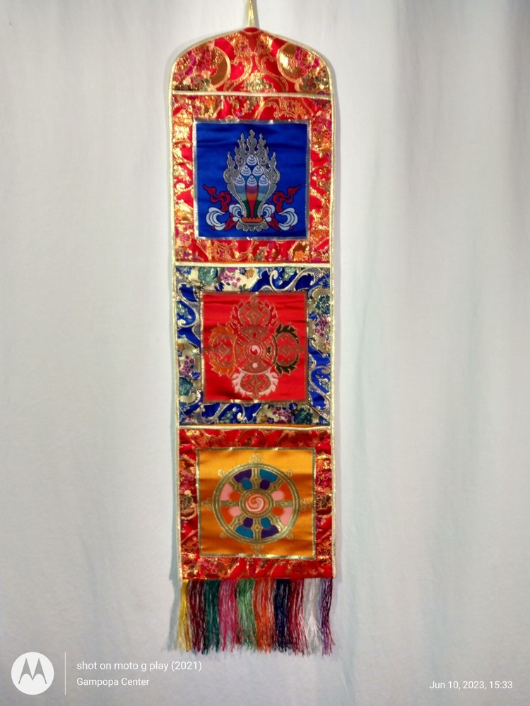 Three Pocket Brocade Embroidered Wall Hanging Buddhist Symbols