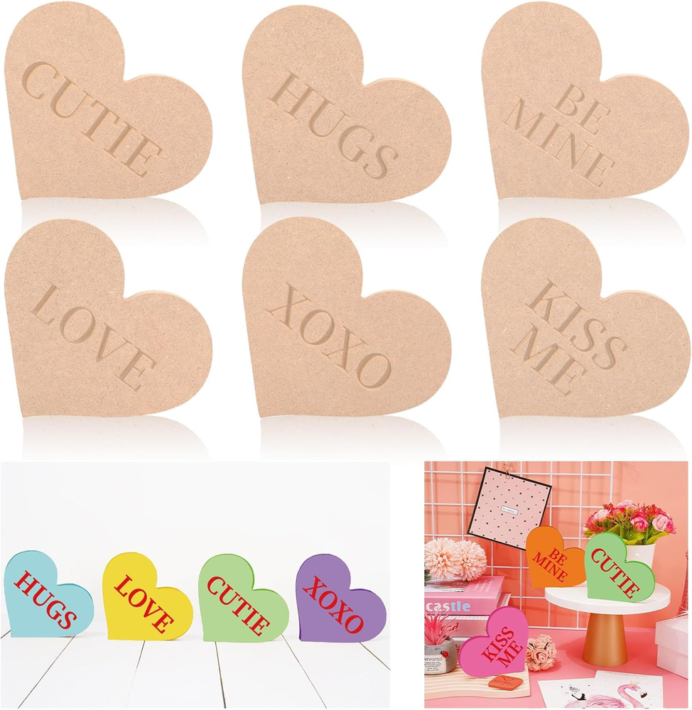 6Pcs Valentine'S Day Conversation Heart Table Wooden Sign Unfinished Love Heart