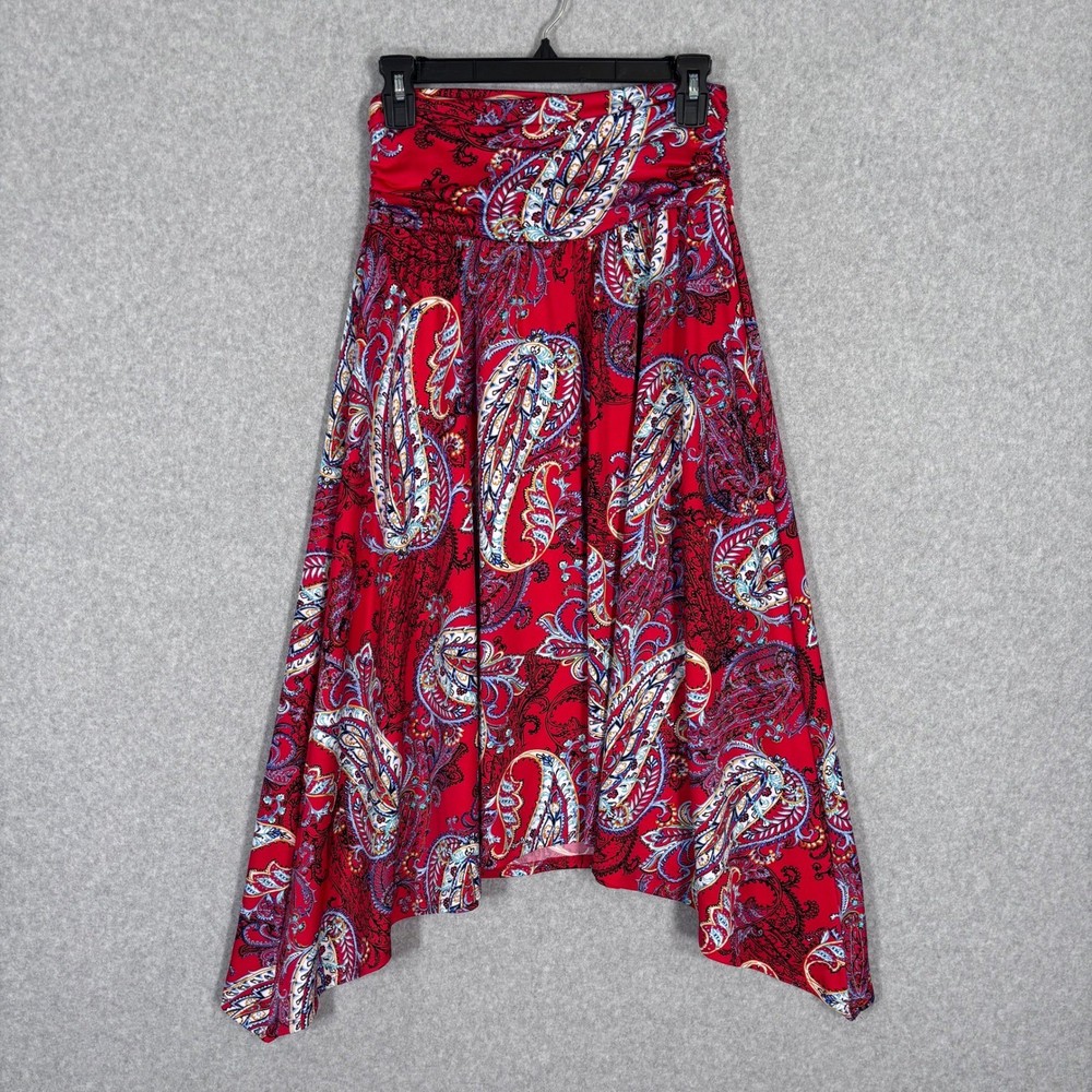 Apt 9 Asymmetric Midi Skirt Red Paisley Ruched Waist Flowy Handkerchief Cottage