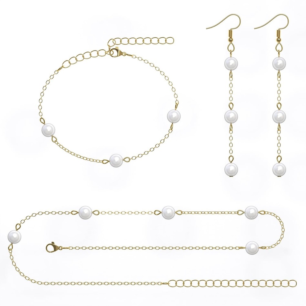 Pearl Necklace Set, Gold Plated Pearl Jewelry Set-Necklace, Bracelet & Earrin...