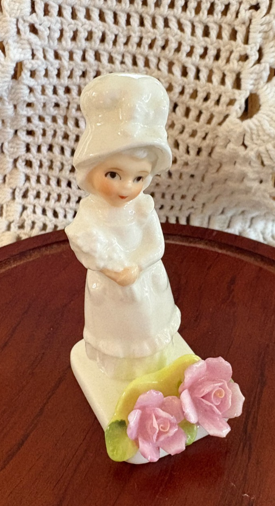 Vintage 1975 Enesco Maruri Masterpiece Bone China Girl Figurine Pink Flowers 3