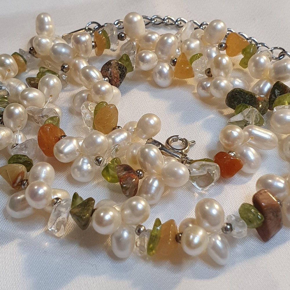 Citrine Jasper Peridot Gemstone Necklace with Baroque Cultured Pearls