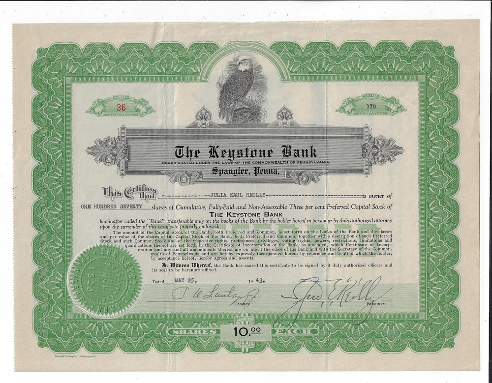 PENNSYLVANIA 1943 The Keystone Bank Stock Certificate #36 Spangler