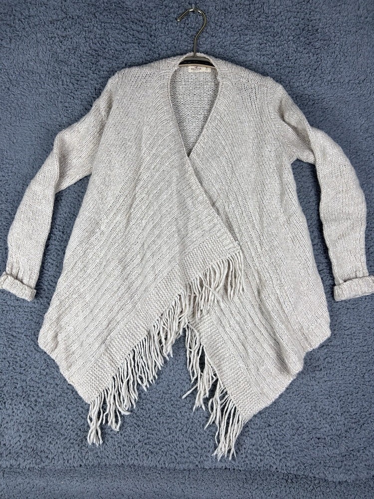 Hollister Womens Size Medium Tan Knit Open Front Long Sleeve Fringe Wool Blend-e