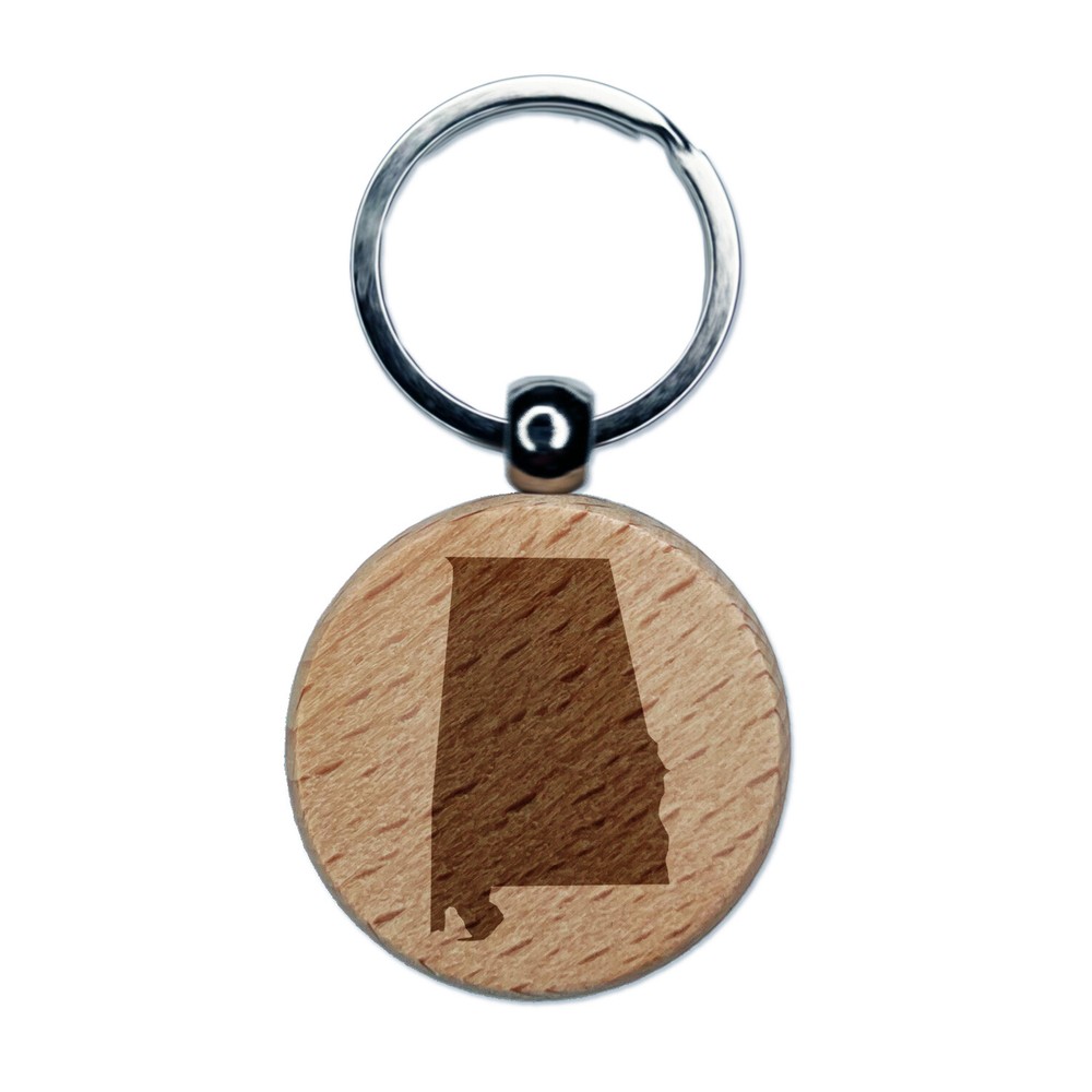 Alabama State Silhouette Engraved Wood Round Keychain Tag Charm