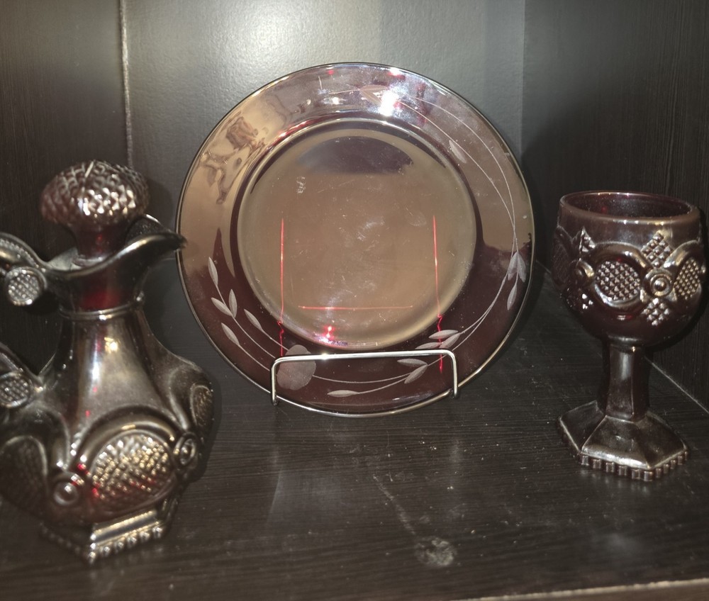 Avon 1876 Cape Cod Ruby Red Glass Set – Cruet & Goblet Pair with Display Plate –