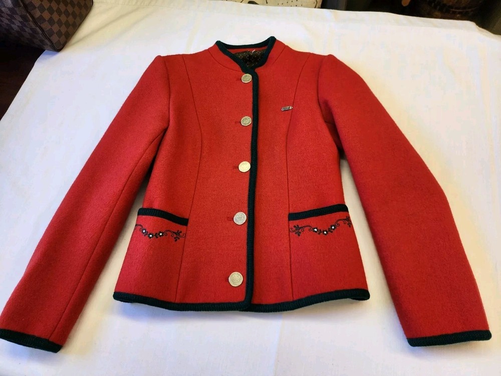 BOOS Austrian Style NEW  Vintage XS Wool Jacket Red W/Green  GORGEOUS