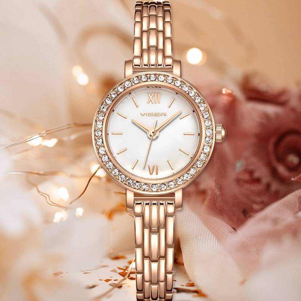 Reloj de cuarzo de moda en oro rosa y plata blanco para mujer