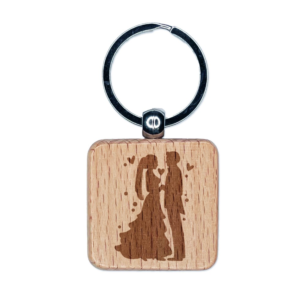 Bride and Groom Wedding Silhouette Engraved Wood Square Keychain Tag Charm