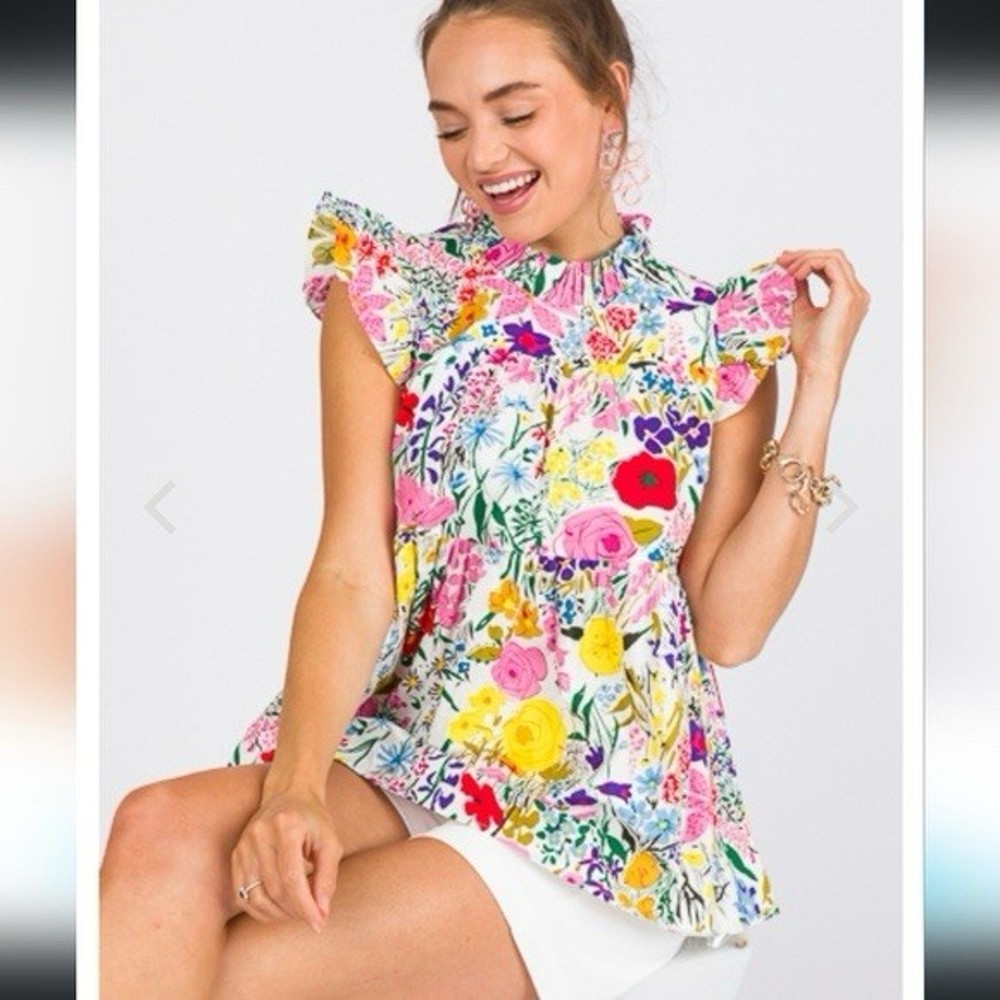 JODIFL Women’s Floral Ruffle Sleeve Blouse Top Size L 100% Cotton New