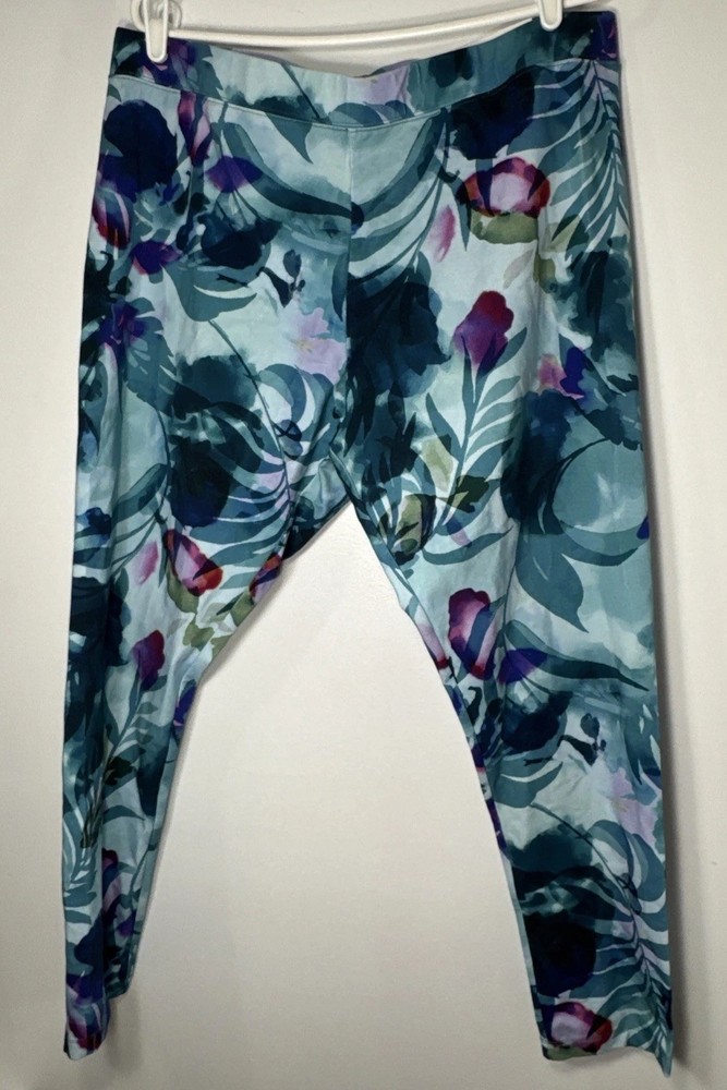 Soft Surroundings XL Women Leggings Have To Have Aqua Palm Floral Cotton Spande