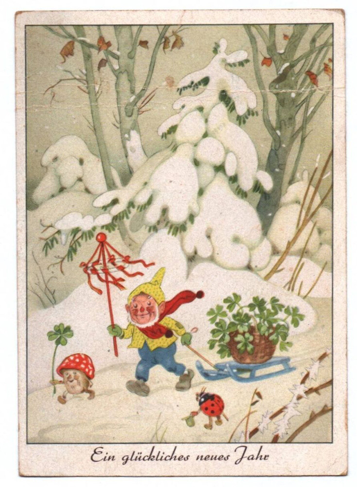 Fritz Baumgarten Postcard Gnome with Mushroom Beetle New Year Good Morning 1950-image