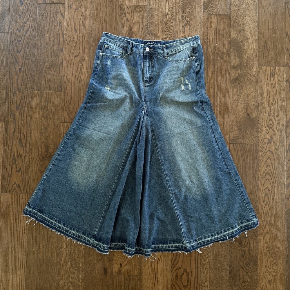 Y2K Revolt Denim Maxi Skirt – Grunge Distressed Wide Flare