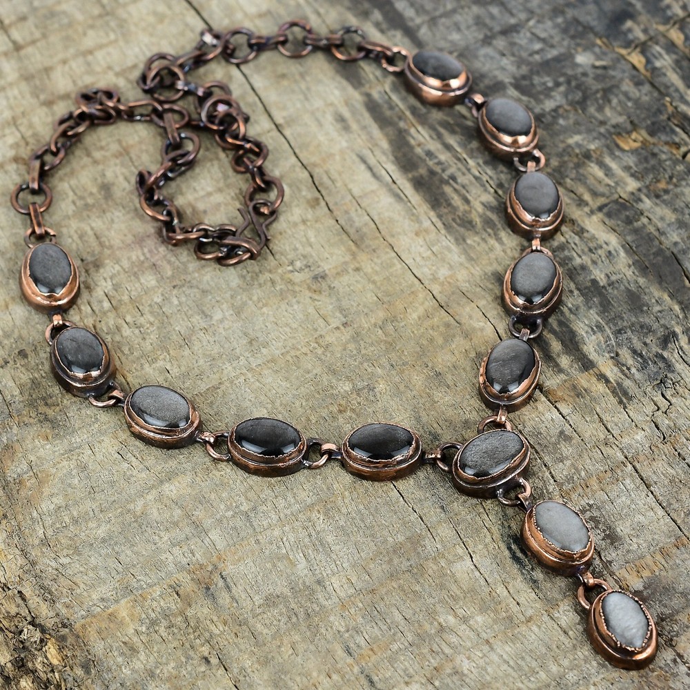 Mother's Day Silver Sheen Obsidian Electroformed Copper Chain Necklace-image