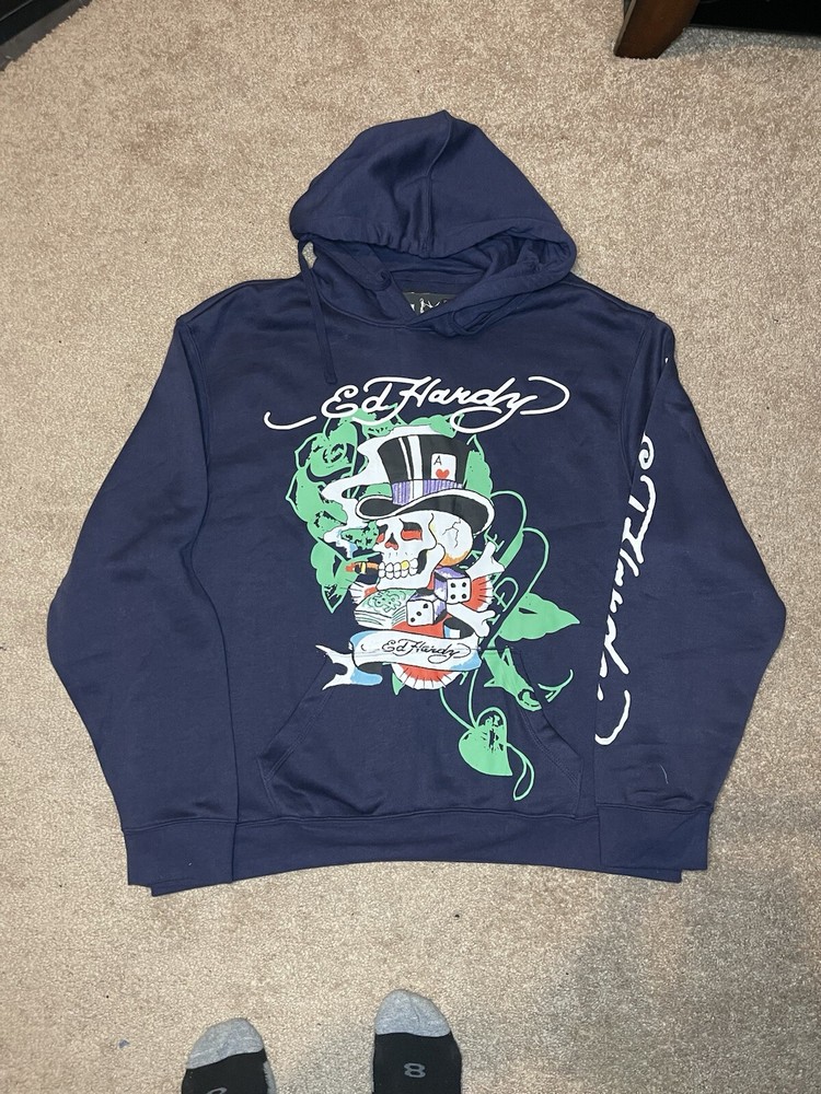 Ed Hardy Men's Navy Blue Gambling Skull Graphic Hoodie Size XL EHM1300-71