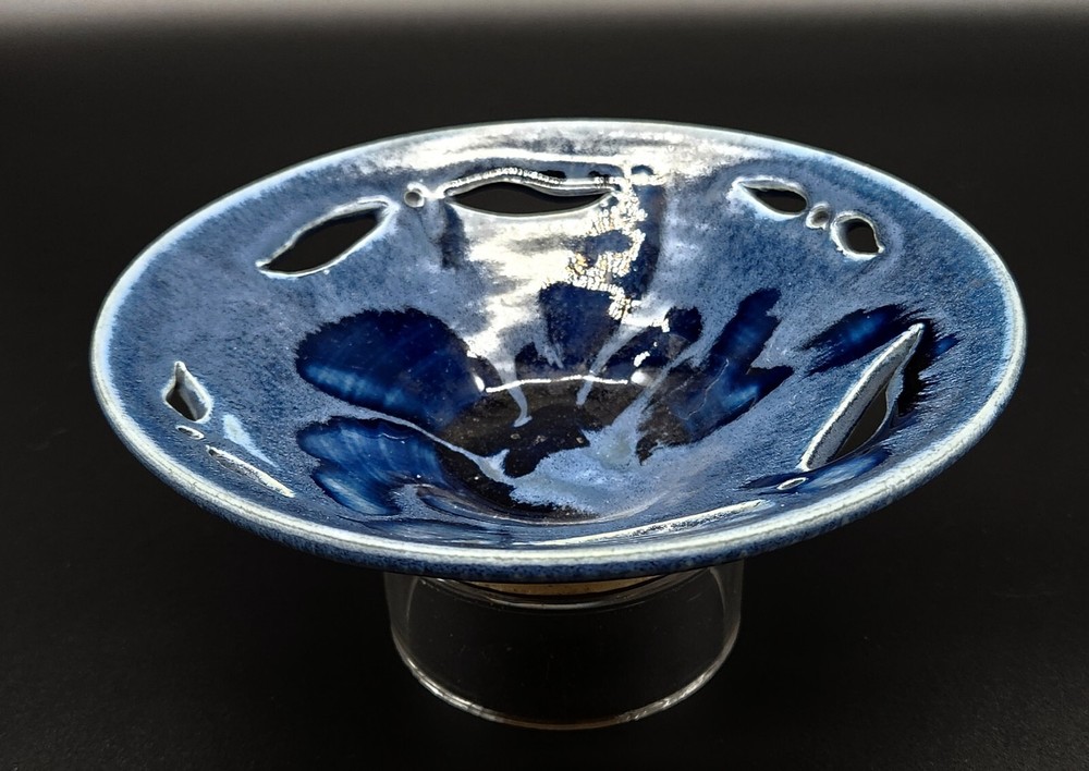 Signed Dani Art Pottery Blue Glaze Cutout Abstract Decorative Bowl 7.5 Inch Diameter  