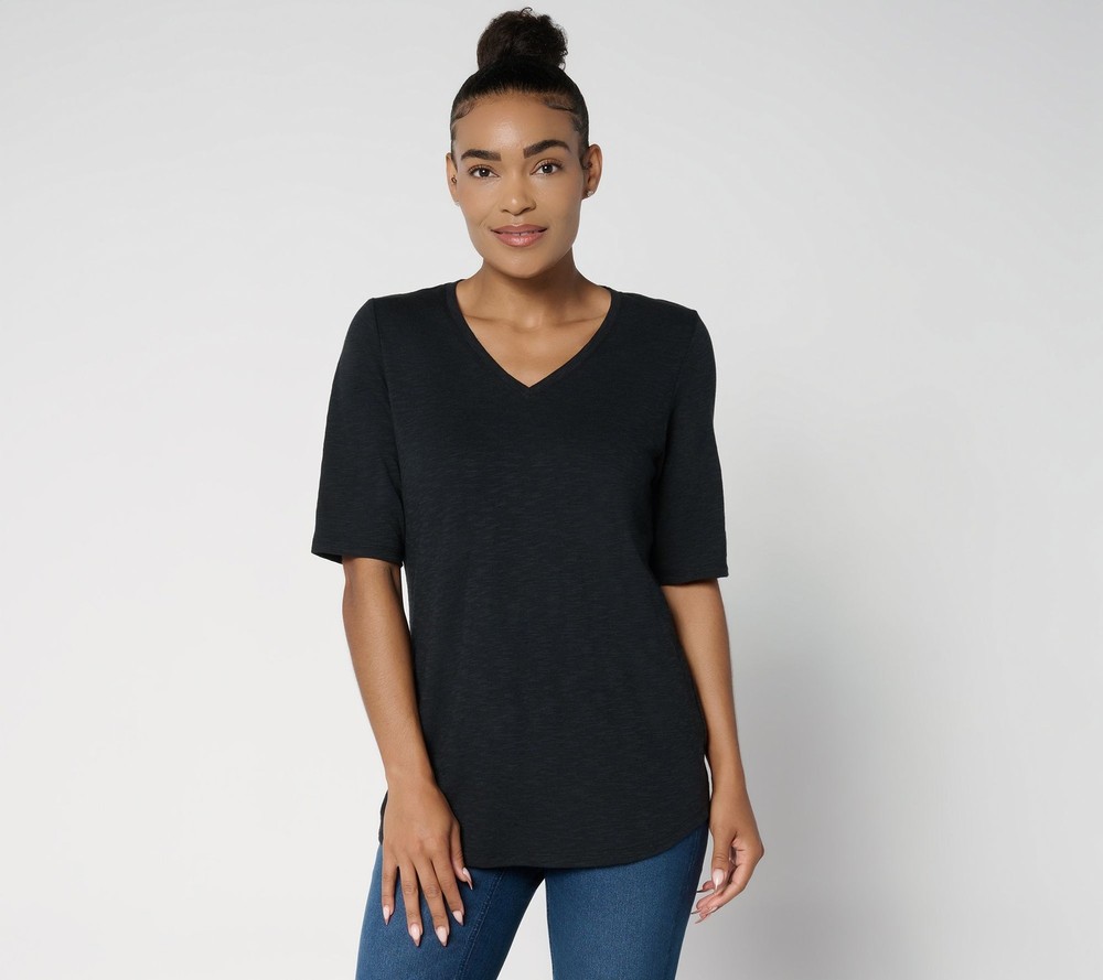Denim & Co. Women's Top Sz M Essentials Slub Jersey Elbow Sleeve Black A694667
