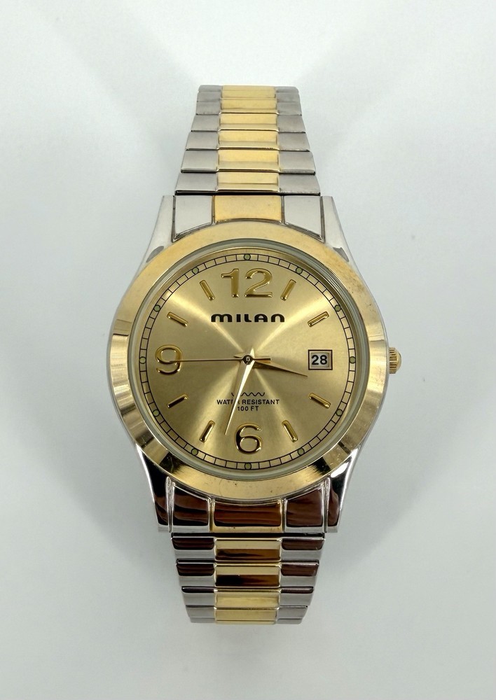 Milan Men’s Quartz Watch Gold Dial Two Tone Stretch Band Not Running AS IS