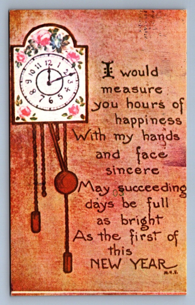 Postcard Vtg Reproduction New Year's Holiday Celebration Clock Hours Happiness
