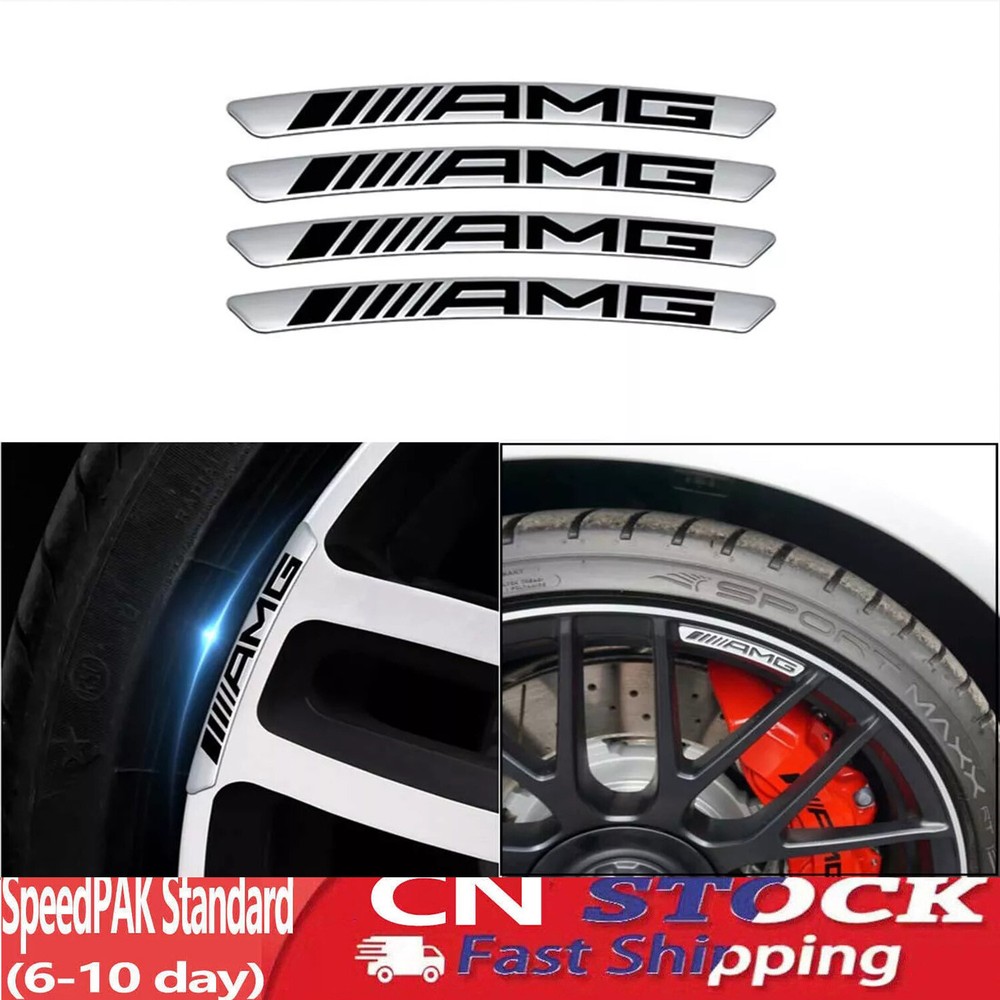 4Pcs 3D Silver Black Sticker For AMG Sport Wheel Wheels Rim Decal Emblem Badge..