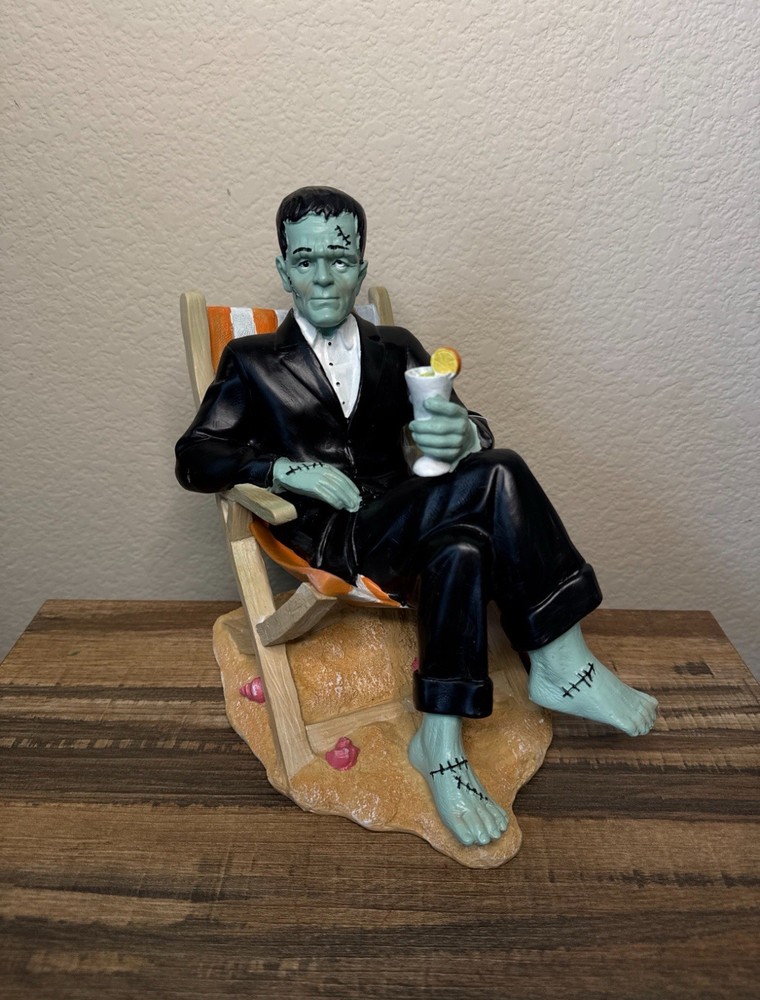 Summerween Frankenstein Beach Lounger Statue with Drink