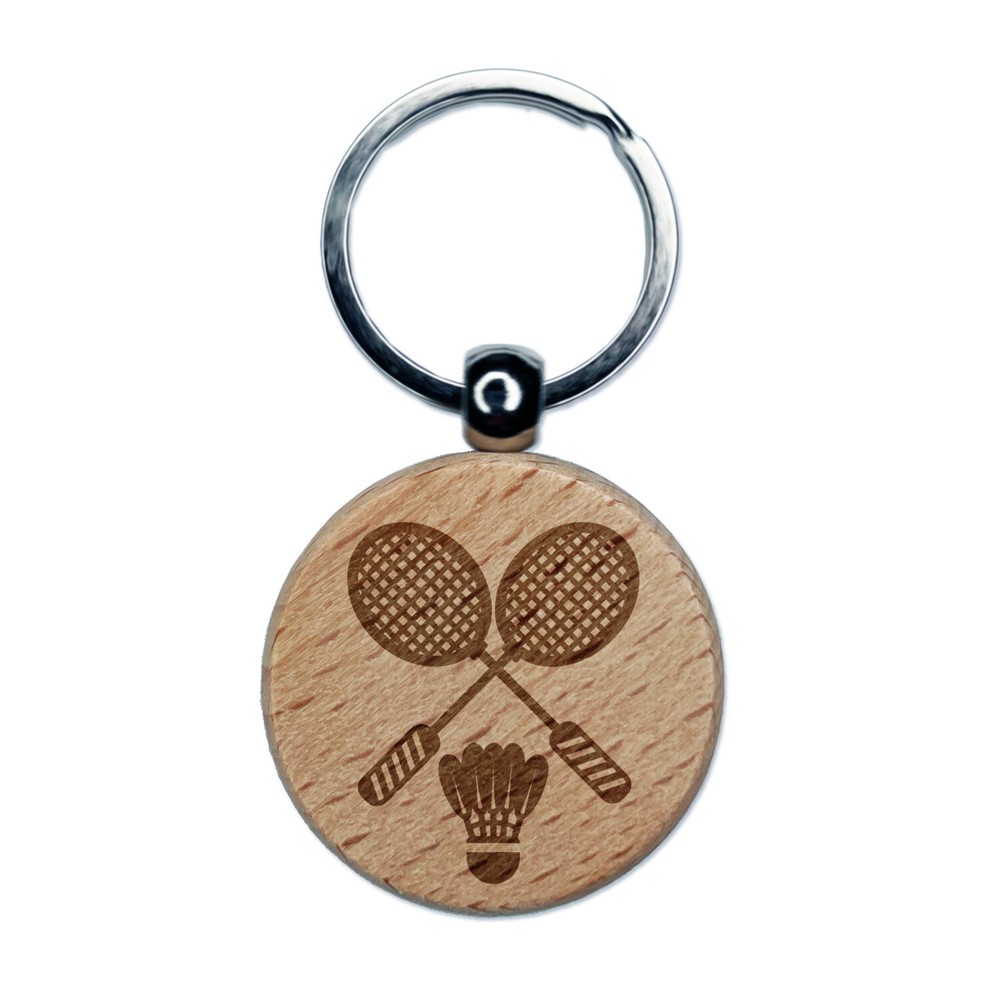 Badminton Rackets and Shuttlecock Birdy Engraved Wood Round Keychain Tag Charm
