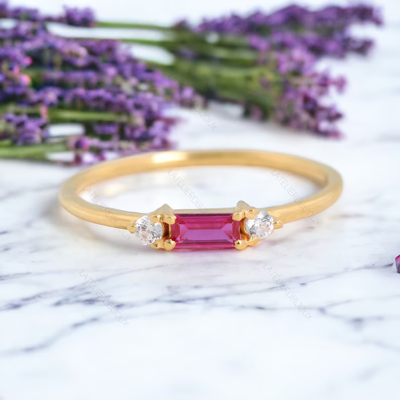 Baguette Simulated Ruby 2.8Ct Fancy Wedding Gift Ring 925 Yellow Sterling Silver