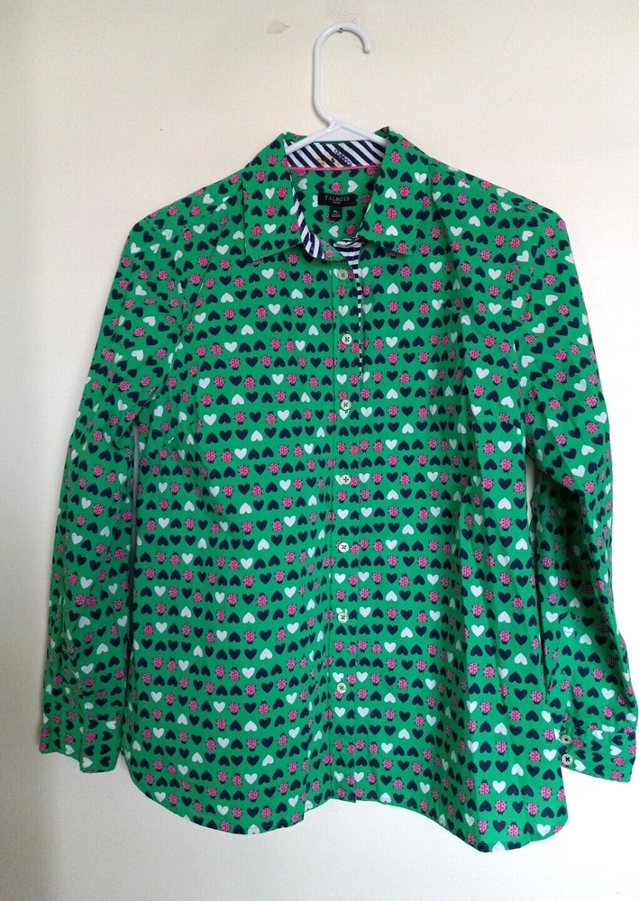 Talbots Womens Shirt PM Green Ladybug Heart Print Button Down Blouse