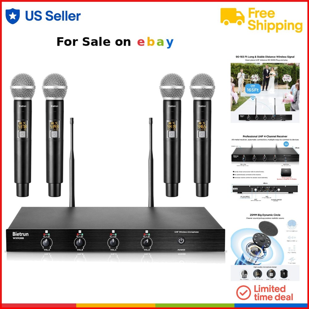 4-Channel UHF Wireless Microphone System for Karaoke Church and Events