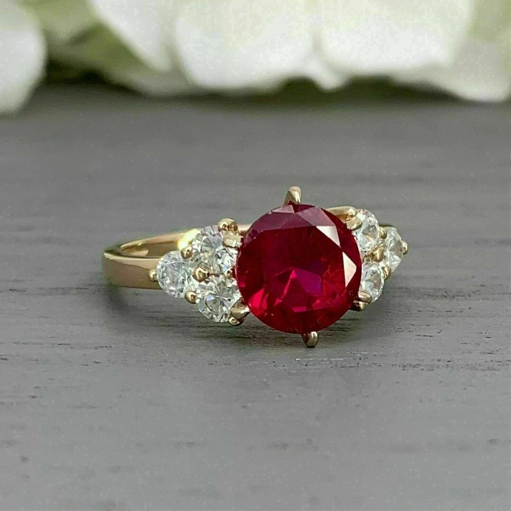 3.55 Ct Natural Red Ruby & Diamond Anniversary Bridal Ring 14K Solid Yellow Gold