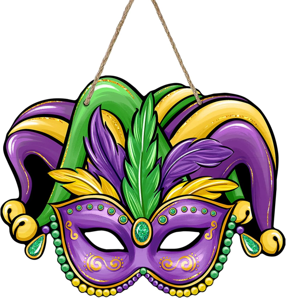 Mardi Gras Jester Mask Front Door Sign, Circus Joker Clown New Orleans Carnival