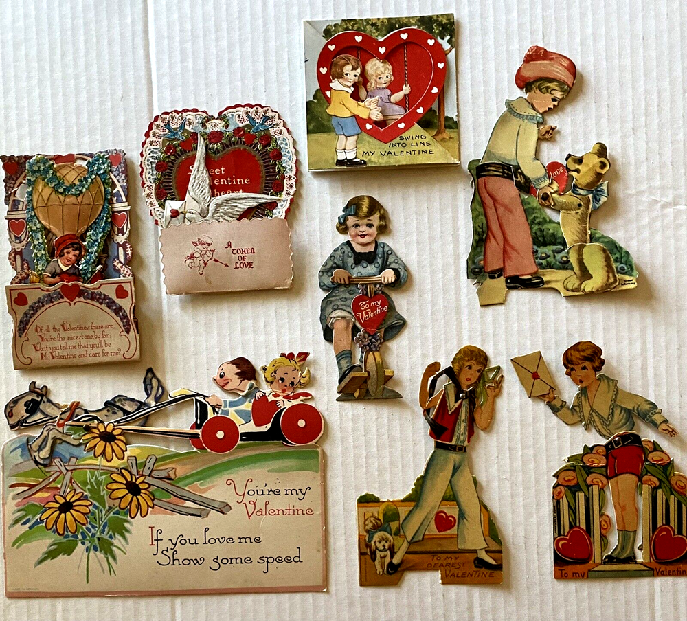 LOT of 8 Antique Vintage VALENTINE CARDS Holiday Greetings 1920’s & 1930’s