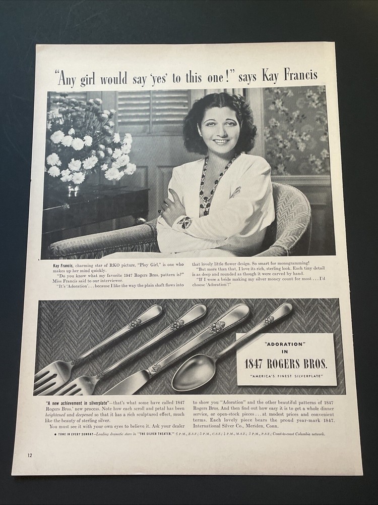 1941 Vintage Roger’s Bros Silverware Ad Featuring Actress Kay Francis