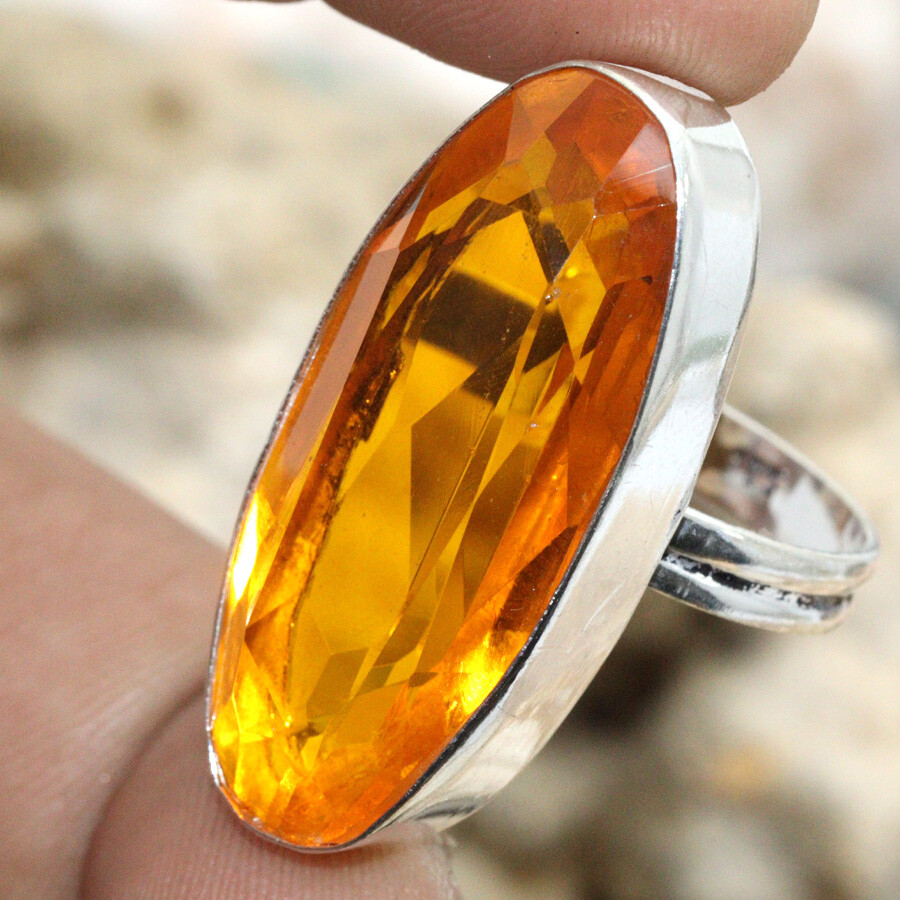 925 Silver Plated Citrine Ethnic Handmade Ring - Size US 10 - Gemstone Jewelry JW  