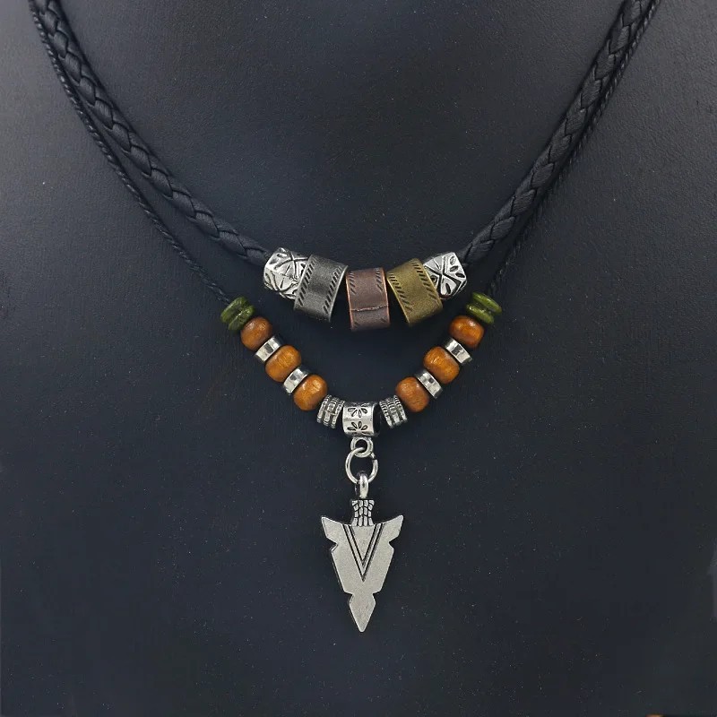 Layered Leather & Beaded Necklace – Vintage Tribal Arrow Pendant for Men