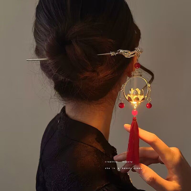 Light Up Lotus Hairpin Chinese Style Tassel Hanfu Palace Hair Jewelry
