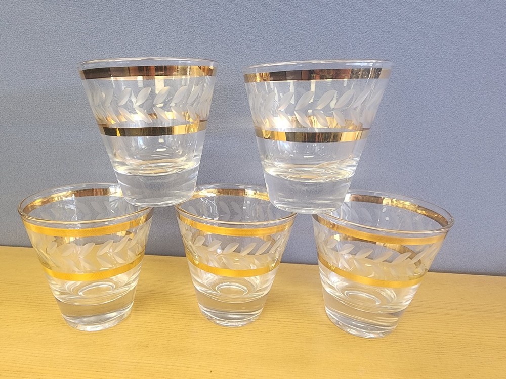 5 MCM Elegant Gold-Trimmed Etched Barware Glasses Lowball Water Glasses