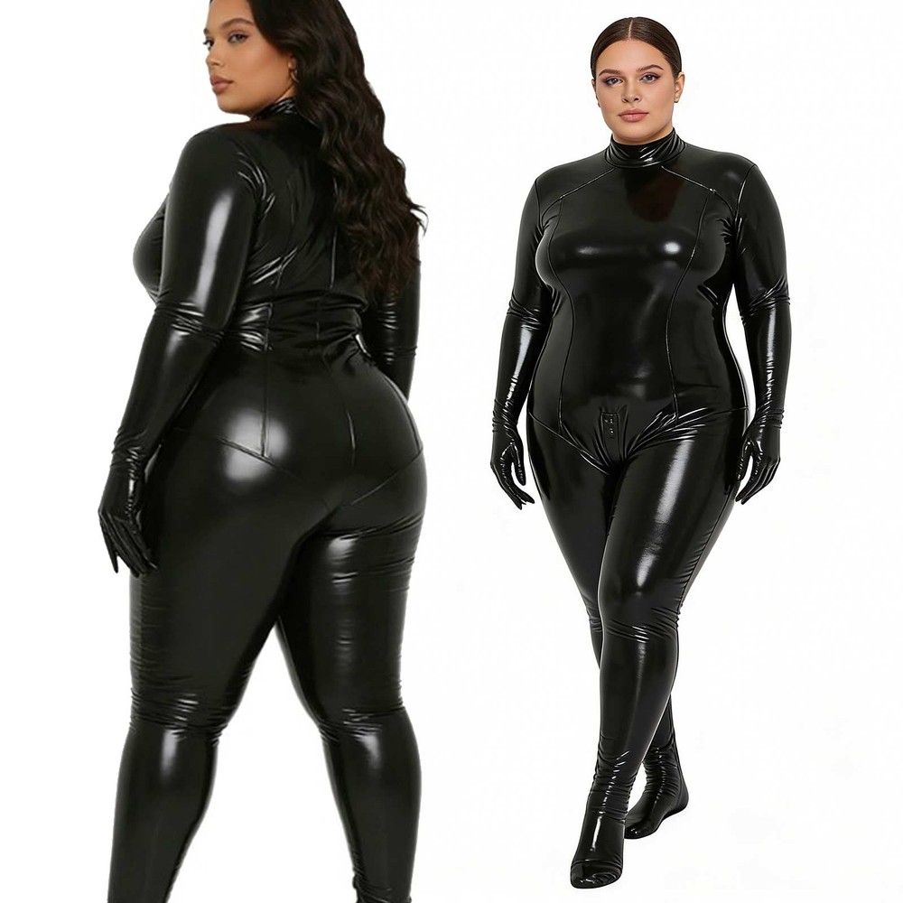 Plus Size Womens Latex Catsuit Wet Look PU Leather Gloved Sleeve Full Bodysuit