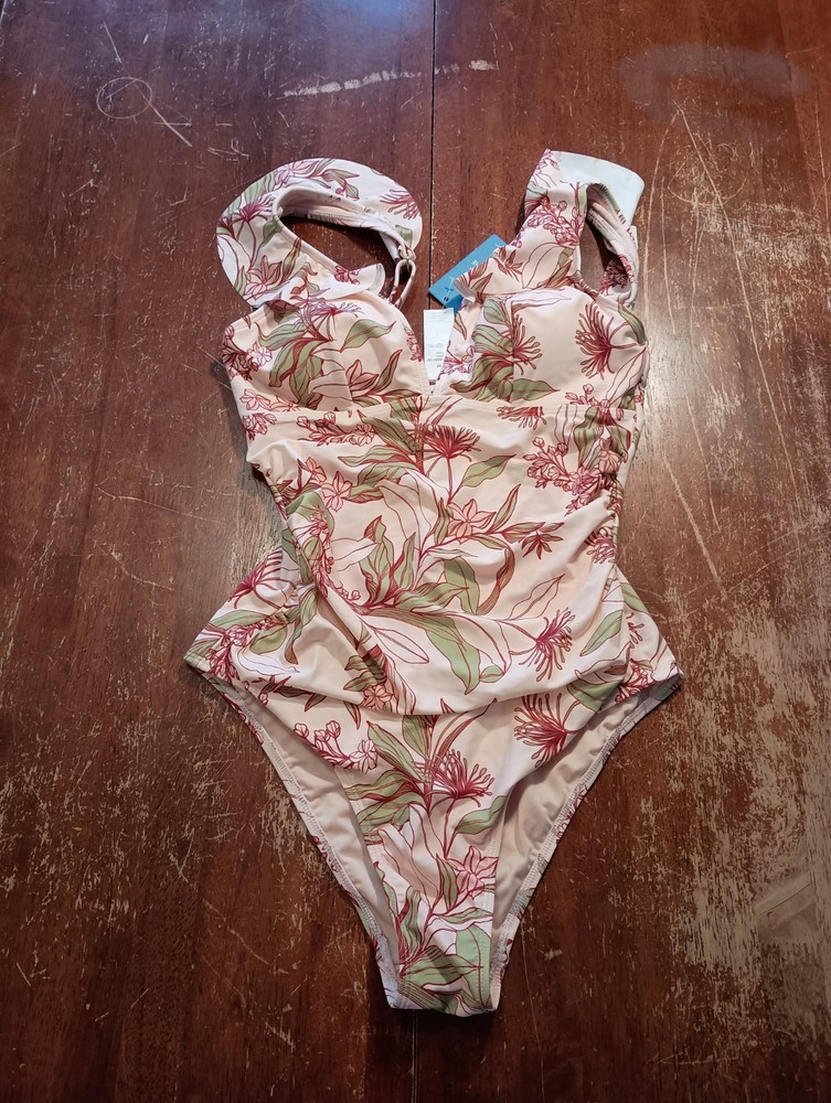 CUPSHE Women's Pink Floral Ruffle Shoulder Straps One Piece Swimsuit Size Medium