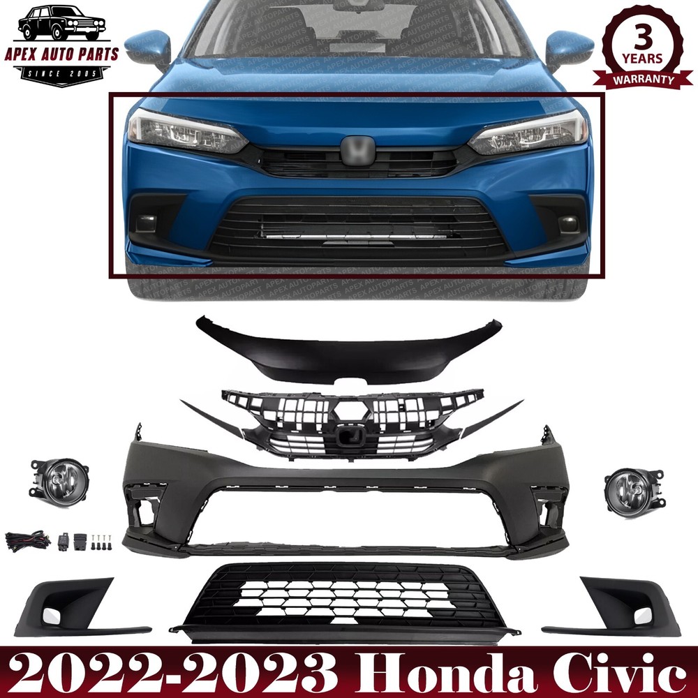 Front Bumper Cover Primed & Fog Lights Assembly Kit For 2022-2023 Honda Civic