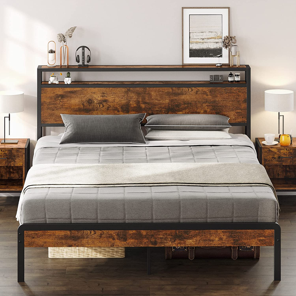 Full Bed Frame, Platform Bed Frame Full with 2-Tier Storage Headboard and Strong
